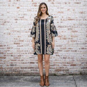 Black Silk Paisley Boho Shift Dress Tiered Bell Sleeves Size M